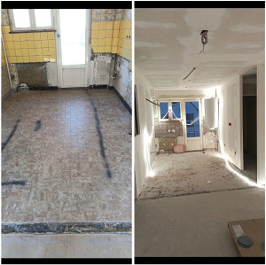 Photo de galerie - Transformation complète d’un intérieur : démolition, création de cloisons, faux plafond, préparation des supports et rénovation générale. Chantier propre avec résultat moderne et soigné. Strasbourg, Saverne et alentours. Devis gratuit.