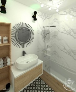 Photo de galerie - Ceci est une 3D. J'ai imaginé cette salle de bain pour une cliente qui souhaitait un style en accord avec le reste de son appartement. Il y avait du marbre en quantité mais elle voulait également que sa salle de bain soit plus chaleureuse. 