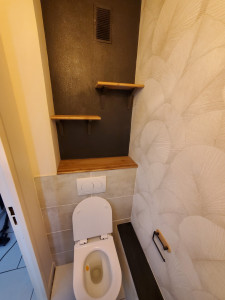 Photo de galerie - Rénovation toilette ;coffrage pour cacher les tuyaux , remplacement toilette par toilette suspendu ,mise en peinture des murs, pose faïence et étagères de finition