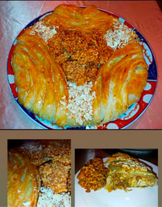 Photo de galerie - Pastilla sucrée au poulet et aux amandes Une alliance gourmande de saveurs sucrées-salées, mêlant poulet fondant, amandes croquantes et épices parfumées.