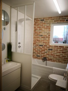 Photo de galerie - Création d'une salle de bain, carrelage, brique, électricité et plomberie. 