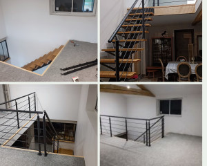 Photo de galerie - Montage complet rampe d'escalier avec main courante. Pose de baguette de finition d'angle. Ajustement et fixation marche d'escalier. 