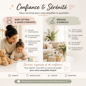 Photo de galerie - ✨ Baby-sitting & ménage à domicile ✨   Sérieuse, organisée et de confiance, je vous propose des services de garde d’enfants et d’entretien pour un quotidien plus serein ?