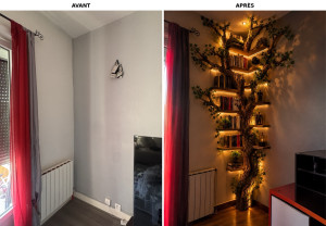 Photo de galerie - Coin bibliothèque créé sur mesure à partir d’un tronc d’arbre sec 