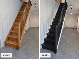 Photo de galerie - Mise en peinture spéciale escalier antichoc.
Ponçage/sous-couche bois/peinture.