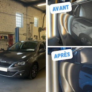 Photo de galerie - Avant / Après sur cette porte de Peugeot 308 réparation en Debosselage sans peinture donc pas de peinture à réaliser par la suite résultat parfait assuré !