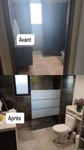 Photo de galerie - Rénovation d'une salle de bain qui a subi une infiltration d'eau, dépose et repose du carrelage changement de la parois de douche et finition joint .