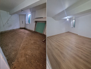 Photo de galerie - Décaissement et préparation du sol. • Réalisation d'une dalle béton. • Pose de l'isolation et du placo sur les murs. • Pose d'un parquet stratifié.