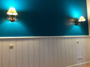 Photo de galerie - Peinture 2 peinture, blanc et bleu sur un mur de 4m de haut dans une chambre.