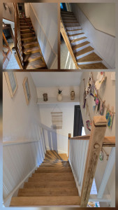 Photo de galerie - Rénovation escalier, ponçage, vernis et peinture. 
