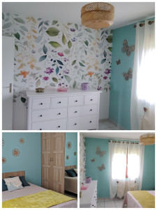 Photo de galerie - Ici une chambre rénovée avec goût. J'ai d'abord détapissé et préparé toute la pièce avant de repeindre murs et plafond, ainsi que refaire la tapisserie decorative.. le montage du meuble et dressing et la pose des étagères et décorations diverses.