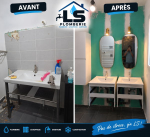 Photo de galerie - Changement de la vasque, par 2 vasques, 2 miroirs, 2 luminaires.

( Le client souhaitait réaliser lui-même les travaux de peinture ainsi que la crédence au dessus des vasques)