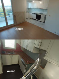 Photo de galerie - Avant 
- Dépose de l’ancienne cuisine
- Dépose de l’ancien carrelage
- Préparation, correction et réparation des supports existants.
Après 
- Pose du nouveau parquet
- Installation de la nouvelle cuisine
- Pose du nouveau carrelage de cuisine
