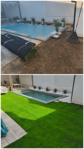 Photo de galerie - Août 2026.
Aménagement jardin autour d'une piscine avec du gazon synthétique 
- retourner la terre
- tasser la terre
- mettre du sable
- tasser le sable
- mettre du géotextile 
- mettre le gazon synthétique 

installation de plantes autour de la piscine 