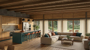 Photo de galerie - Grande cuisine ouverte avec plafond bois apparent et îlot vert émeraude. Bardage bois et pierre créant une ambiance chalet moderne. Espace convivial intégrant salon et salle à manger.