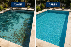 Photo de galerie - Un avant après d'une piscine sale, après notre intervention 