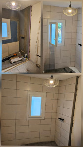 Photo de galerie - Remise en état d'une douche avec pose de de plaque de wedi et bande d'étanchéité et ensuite pose de faïence sur les murs 