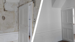 Photo de galerie - Avant / Après : réfection d'un mur ancien, travail de rebouchage, d'enduisage, de finition et de peinture