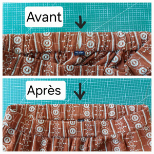 Photo de galerie - Réduction de 2 tailles de pantalon en diminuant l'élastique + un ourlet.