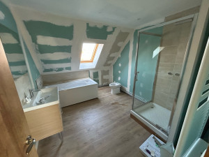 Photo de galerie - Salle de bain complète avec pose enduit mural, parquet pose du wc, baignoire, meuble vasque, douche 