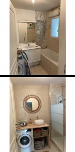 Photo de galerie - Rénovation complète salle de bain: dépose carrelage,baignoire et éviers. Pose d un receveur de douches ,pose d une parois de douche et colonne de douches, plomberies, carrelages , pose d une vasque