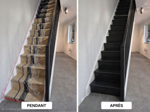 Photo de galerie - Mise en peinture spéciale escalier antichoc.
Ponçage/sous-couche bois/peinture.