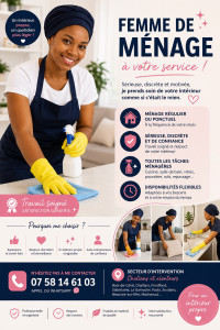 Photo de galerie - Prestation de ménage et repassage à domicile par ROKHAYA SERVICE. Nettoyage complet, cuisine, salle de bain, vitres et repassage soigné. Je suis sérieuse, discrète et ponctuelle à Challans, Bois-de-Céné et alentours. Service sur mesure selon vos besoins. 