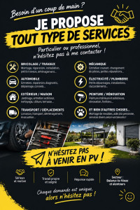 Photo de galerie - ? BESOIN D’UN COUP DE MAIN ?

Je propose mes services pour tous types de petits travaux et services : bricolage, mécanique, entretien, extérieur, montage, transport, dépannage… ??

Vous avez un besoin particulier ? N’hésitez pas à venir en MP/PV, on en