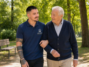 Photo de galerie - Moment de promenade partagé 
avec une personne accompagnée - 
présence et bienveillance au 
quotidien.