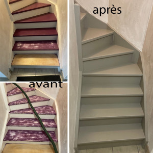 Photo de galerie - Rénovation complète de l’escalier : préparation, ponçage et mise en peinture pour un rendu moderne et uniforme.