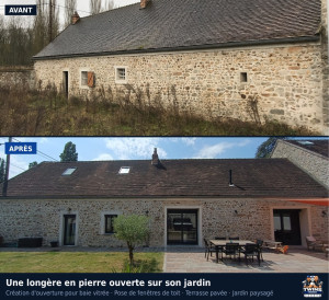 Photo de galerie - Maçonneries, gros œuvre, pose des menuiserie, pose Velux en toiture. Rénovation complète d’une longère en pierre. Réalisation des ouvertures pour baies vitrés. 