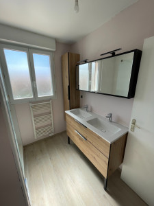 Photo de galerie - Pose d'un meuble vasque avec miroir et colonne.