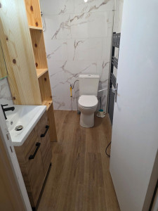 Photo de galerie - Pose parquet en pvc plus dalle murale étanche en salle de bain 