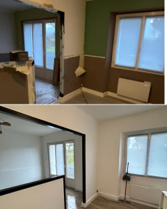 Photo de galerie - Avant / Après d’un chantier de rénovation intérieure. Préparation des supports, rebouchage, ratissage, ponçage et mise en peinture pour un rendu propre, lumineux et durable. Un appartement entièrement rafraîchi et prêt à être remis à ses occupants.