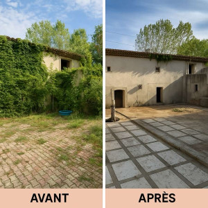 Photo de galerie - Nettoyage d’un chenil, avec chute de vigne vierge, débroussaillage entre pavé, et nettoyage au karcher du sol 