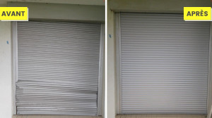 Photo de galerie - Redressage et réalignement d’un volet roulant électrique présentant des lames déformées.
Réglage du tablier et contrôle de la motorisation pour retrouver une montée fluide, silencieuse et parfaitement alignée.