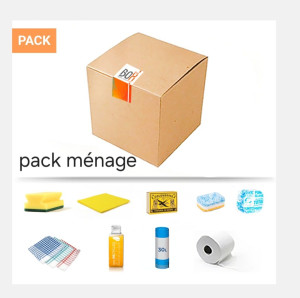 Photo de galerie - Pack ménage.
 capsule lessive,capsule lave vaisselle, torchons,éponge,lavettes, sac poubelle, produit pour faire la vaisselle, papier toilette...