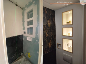 Photo de galerie - Installation d’éclairage LED intégré dans niches murales à Lugrin (Haute-Savoie), avec intégration discrète des câblages pour un rendu moderne et élégant. Rénovation complète du WC réalisée en parallèle, incluant placo, installation du bâti-support et fin