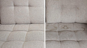 Photo de galerie - L’image illustre bien un avant / après d’un nettoyage professionnel, parfait pour montrer l’efficacité de ton service de nettoyage de canapé à domicile.