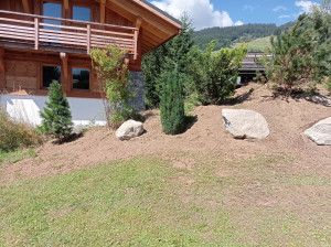 Photo de galerie - Aménagement d'un petit bosquet en terre avec plusieurs plantations pour embellir un chalet