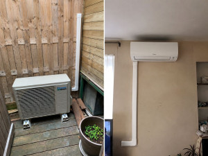 Photo de galerie - Installation d’une climatisation réversible dans un appartement, avec unité intérieure fixée au mur et unité extérieure installée sur une terrasse.