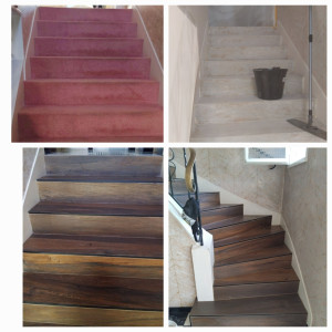 Photo de galerie - Rénovation escalier intérieur. Dépose, nettoyage, ponçage de la colle et aspérités. Pose d'un carrelage imitation bois (120x30)