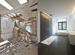 Photo de galerie - Rénovation complète de salle de bain : démolition, reprise des murs et du sol, nouvelle plomberie, carrelage, douche à l’italienne, baignoire et éclairage moderne. Résultat impeccable et 100 % neuf.