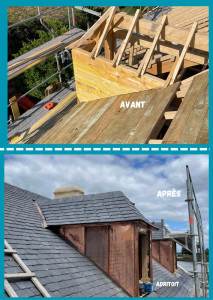 Photo de galerie - Toiture en ardoise habillage en joint debout en cuivre sur les lucarnes 