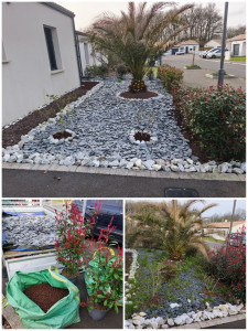 Photo de galerie - Entretien complet du massif avec modification, rajout de cailloux décoratif et plantation. 