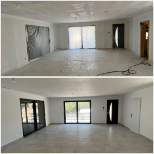 Photo de galerie - Mise en peinture avec bande et ponçage ,salon avant et après 