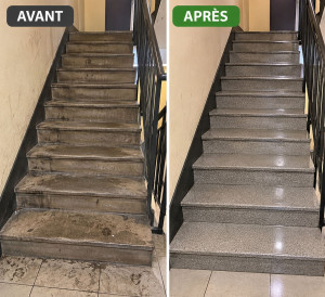 Photo de galerie - 
? AVANT : Des escaliers encrassés, avec des traces de chaussures, de la poussière, des taches et des saletés accumulées sur les marches et les paliers.
? APRÈS : Grâce à un balayage minutieux et un lavage en profondeur, les marches retrouvent leur prop
