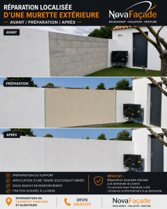 Photo de galerie - Réparation de murette extérieure – Avant / Préparation / Après. Intervention locale avec trame sous-enduit et finition soignée.