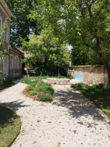 Photo de galerie - Aménagement 1 an après dans une cour d'école. 
Réalisation du terrassement/ pose de bordures/ bâche/ plantation/ création mur en bois cordé/ ré engazonnement/ mulch plaquette pour finition de massif