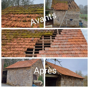 Photo de galerie - Rénovation complète d’une toiture ancienne : dépose des tuiles, remise en état de la couverture et repose soignée. Un avant/après qui montre le résultat final du chantier.